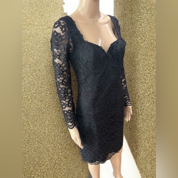 vintage 80s black sheer lace bustier long sleeve pencil mini dress-medium/8 - Picture 2 of 8